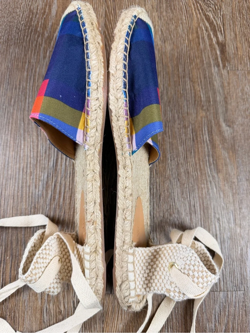 SALE J.Crew D'Orsay Espadrille Plaid Madras Sandals Rainbow Lace-Up | NWOT 9.5